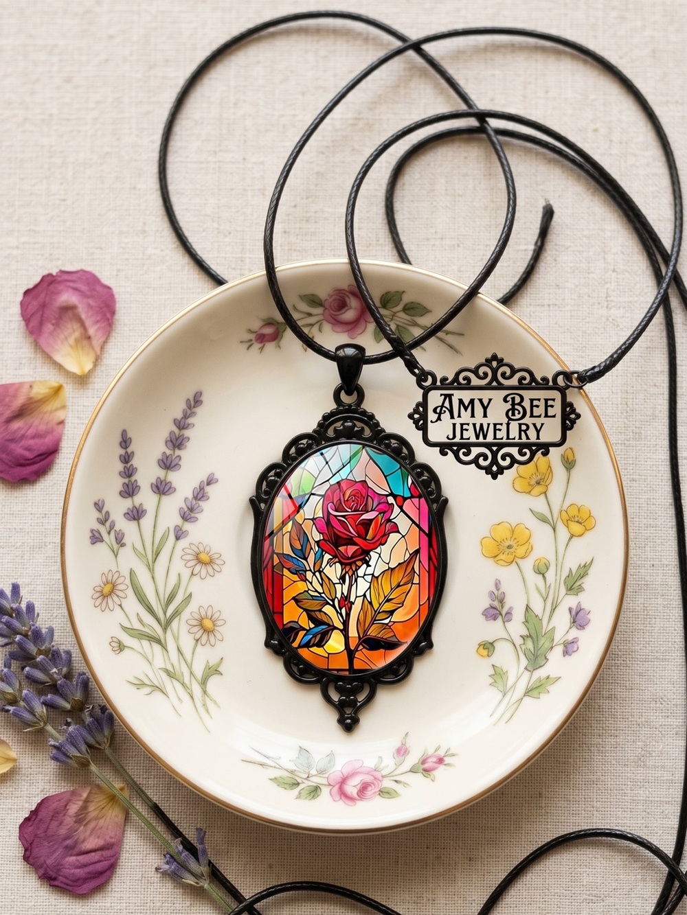 Stained Glass Rose Pendant Necklace. New.